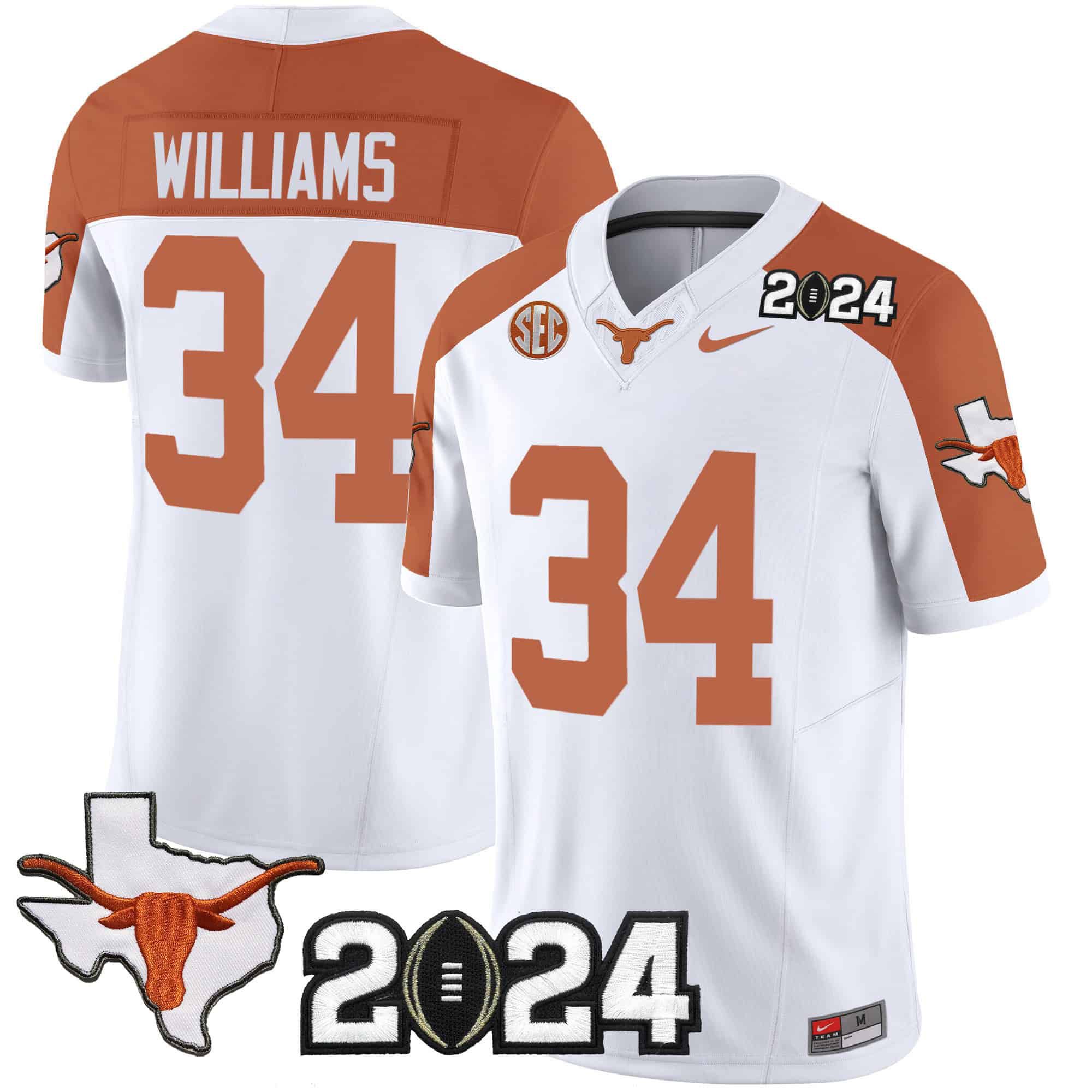 Men Texas Longhorns #34 Williams White 2024 Nike Vapor Limited NCAA Jersey style 1